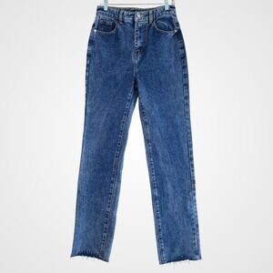 Pretty Little Thing Womens‎ High Rise Straight Leg Jeans Blue Denim Raw Hem Sz 2